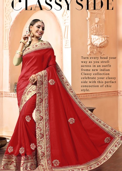 Red Silk Embroidered Saree with Embellishments, Border