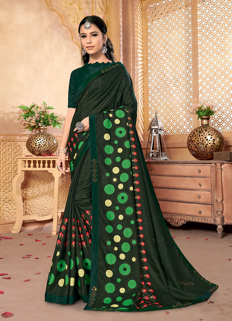 Green Silk Designer Party wear Foil Printed Saree with Border