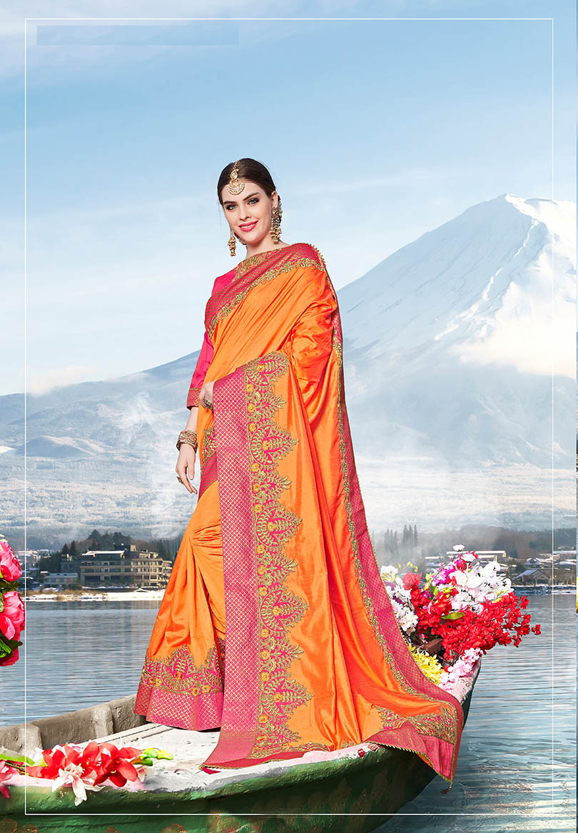 Saffron Silk Heavy Bordered Saree with Embellishments