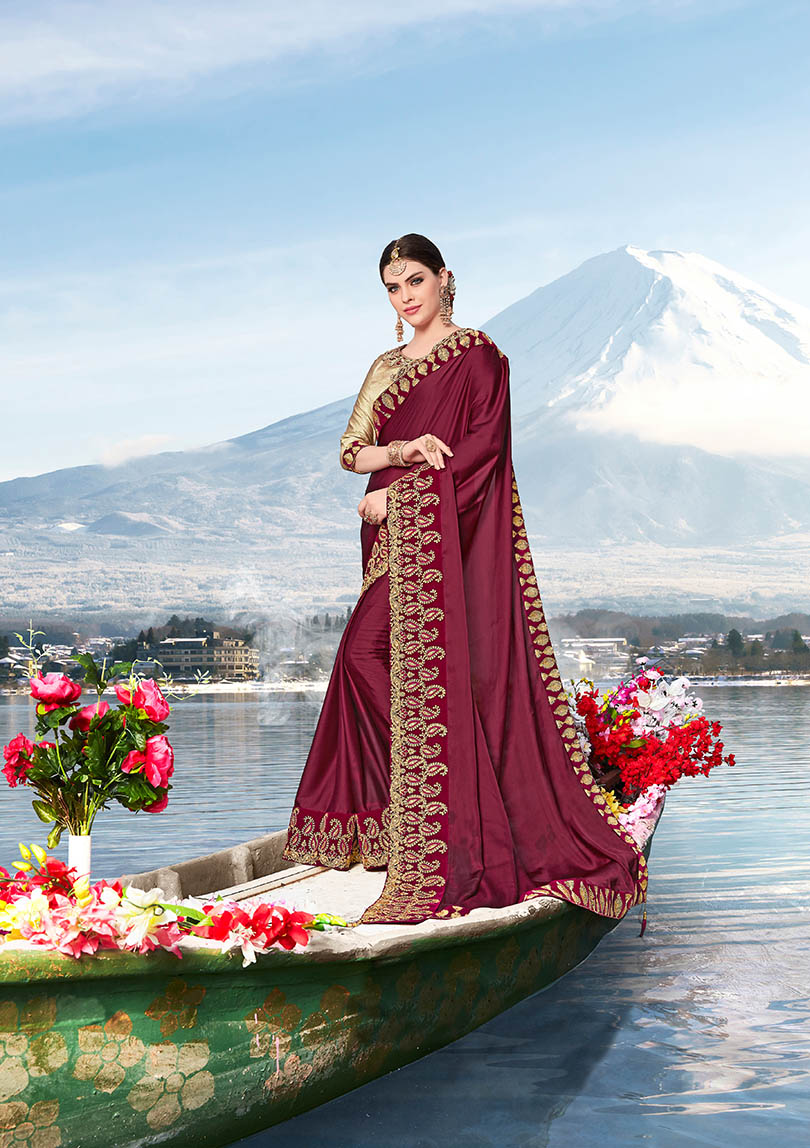 Burgundy Silk Heavy Bordered Saree with Embellishments