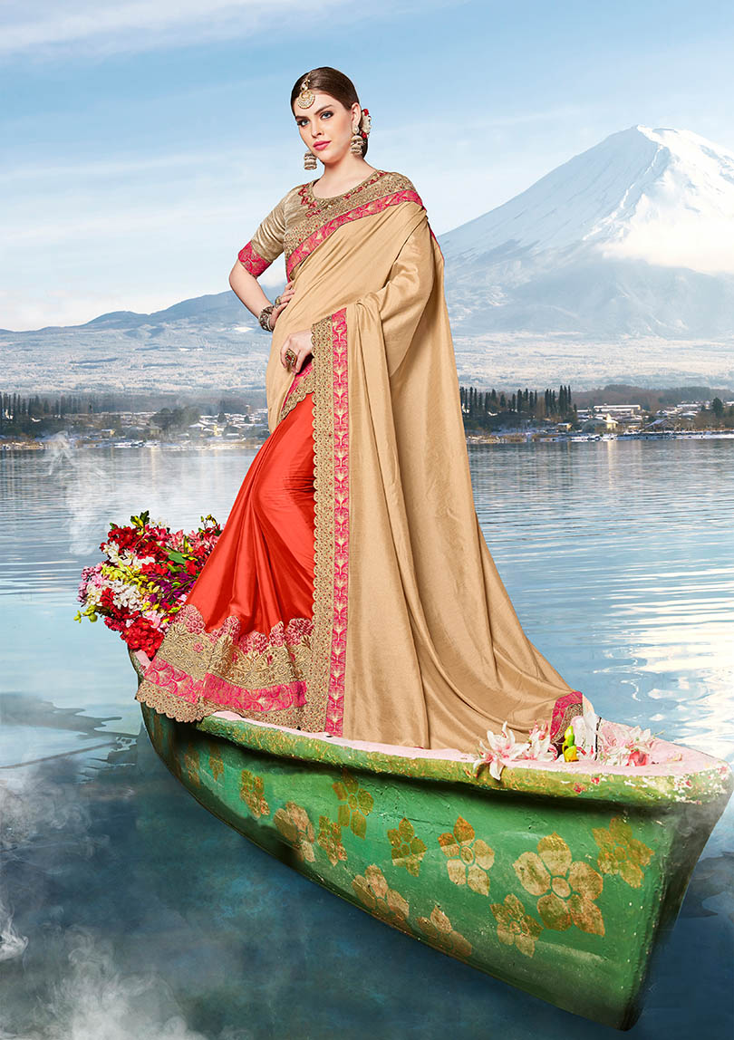 Orange-Beige Silk Heavy Bordered Saree with Embellishments