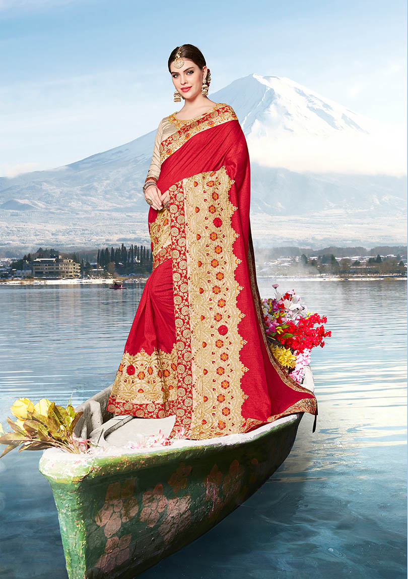 Red Silk Heavy Bordered Saree with Embellishments