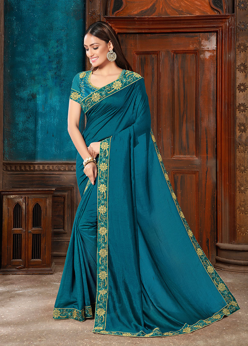 Blue Silk Elegant Bordered Saree with Embellishments
