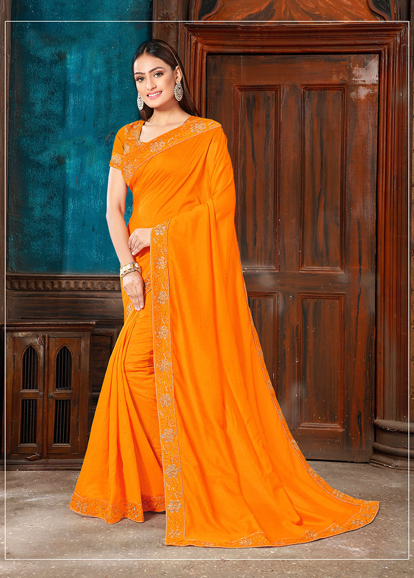 Saffron Silk Elegant Bordered Saree with Embellishments