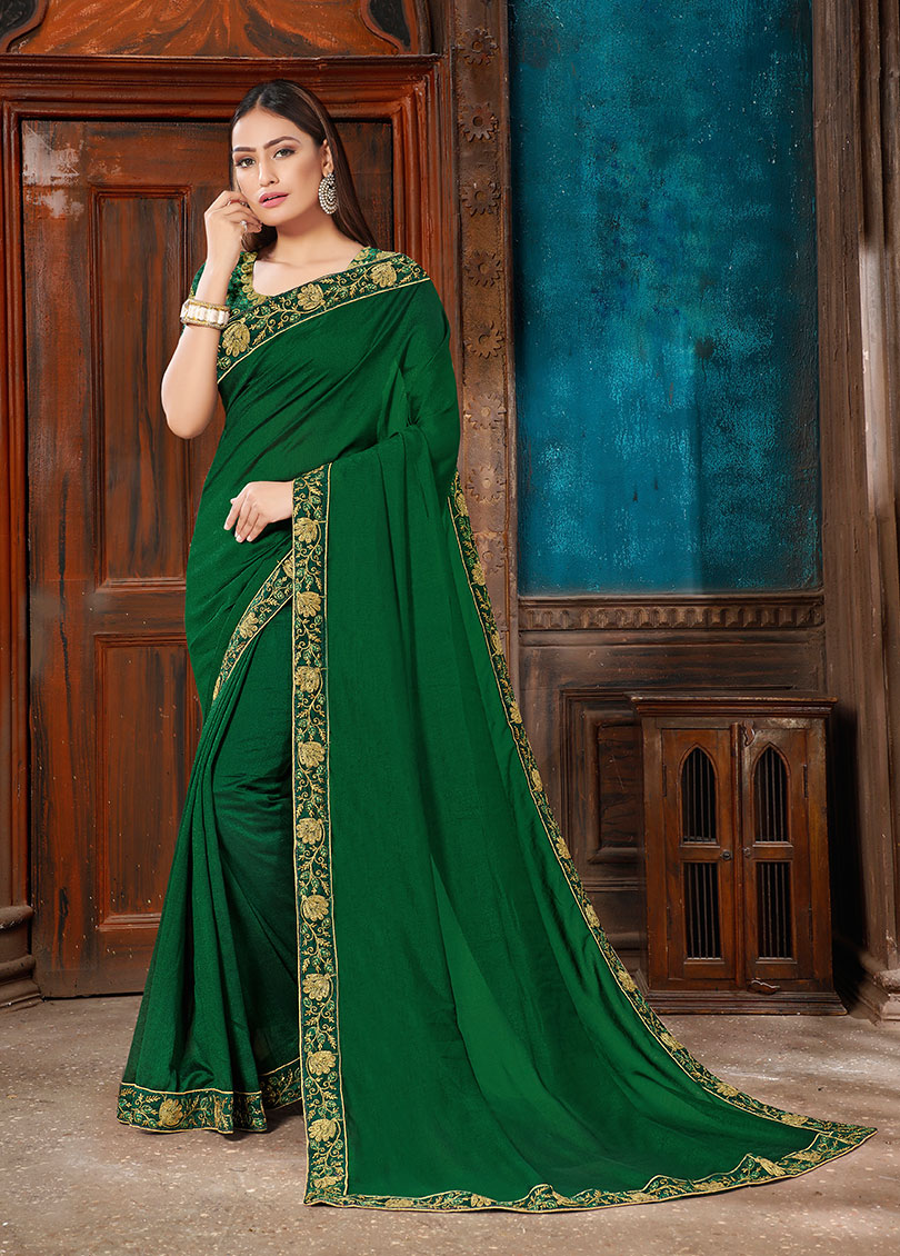 Green Silk Elegant Bordered Saree with Embellishments