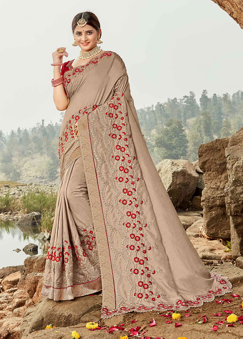 Beige Silk Designer Embroidered Saree with Embellishments, Border
