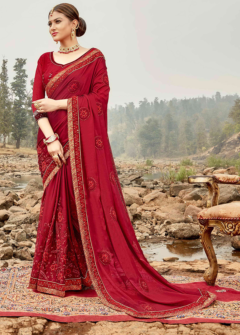 Maroon Silk Designer Embroidered Saree with Embellishments, Border