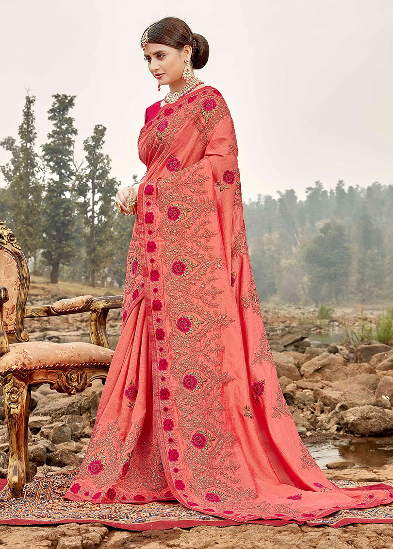 Pink Silk Designer Embroidered Saree with Embellishments, Border