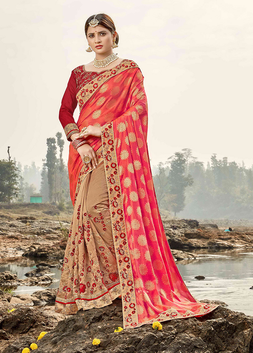 Beige-Pink Silk Designer Embroidered Saree with Embellishments, Border