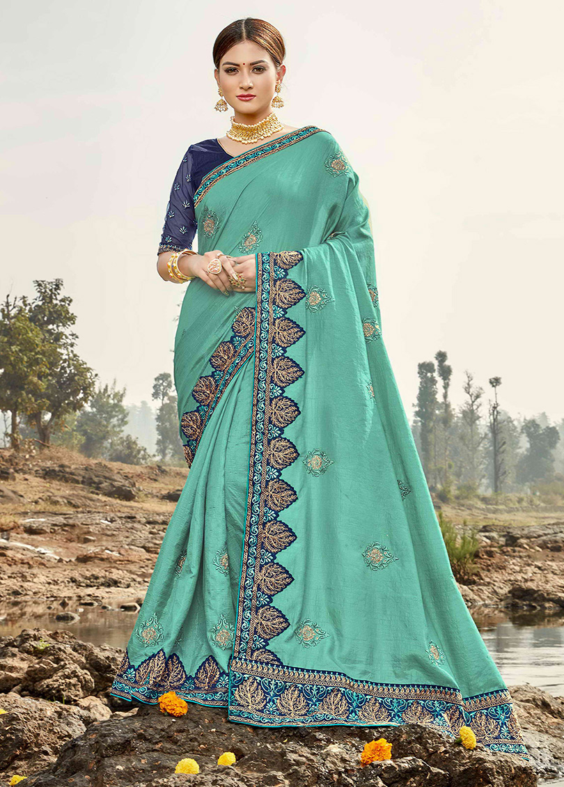 Blue Silk Designer Embroidered Saree with Embellishments, Border