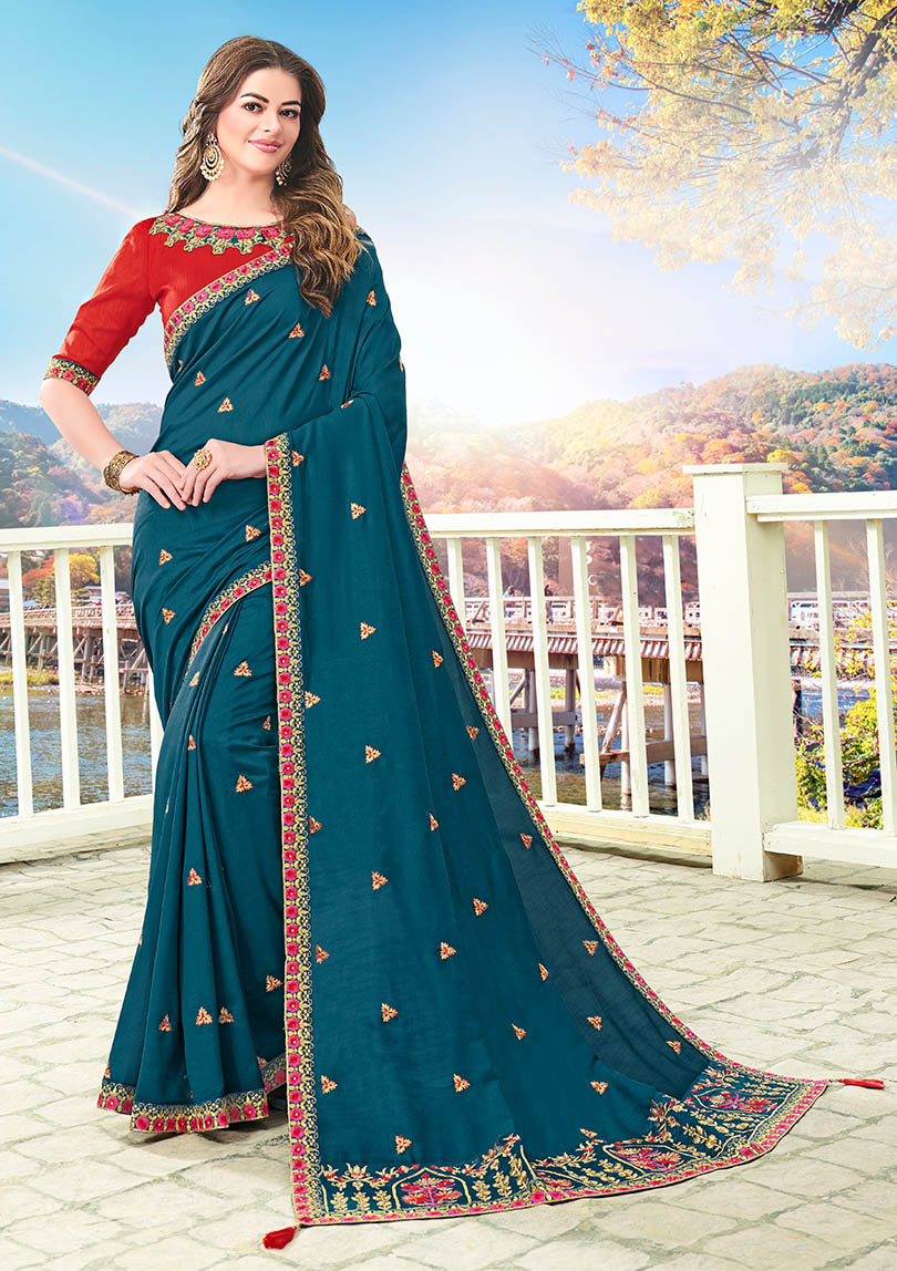 Blue Silk Designer Embroidered Saree with Embellishments, Border