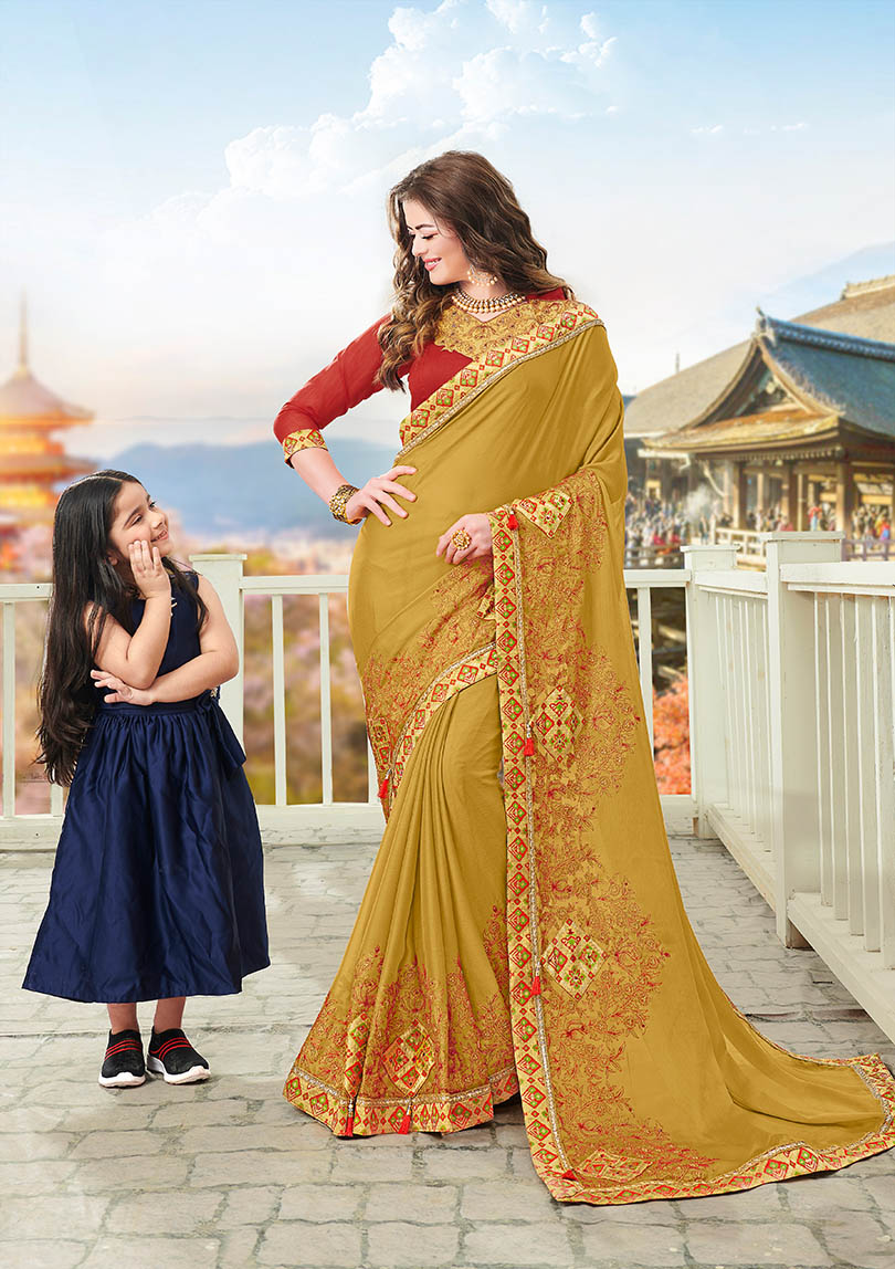 Mustard Chiffon Designer Embroidered Saree with Embellishments, Border