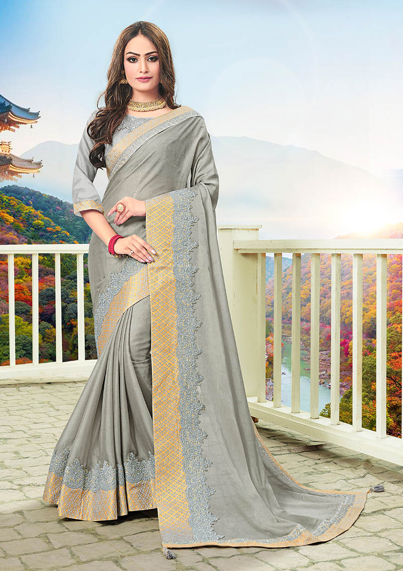 Grey Silk Designer Embroidered Saree with Embellishments, Border