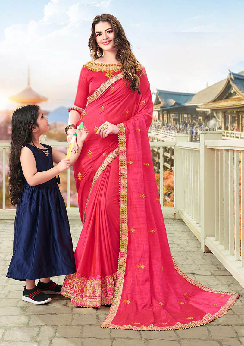 Pink Silk Designer Embroidered Saree with Embellishments, Border