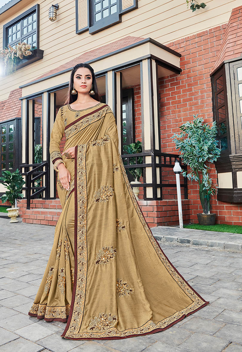 Beige Silk Designer Embroidered Saree with Embellishments, Border