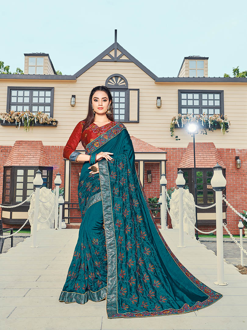 Blue Silk Designer Embroidered Saree with Embellishments, Border