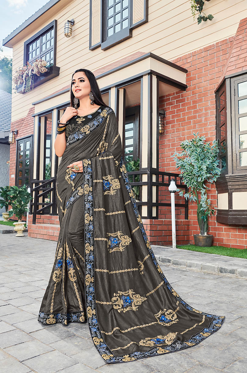 Brown Silk Designer Embroidered Saree with Embellishments, Border