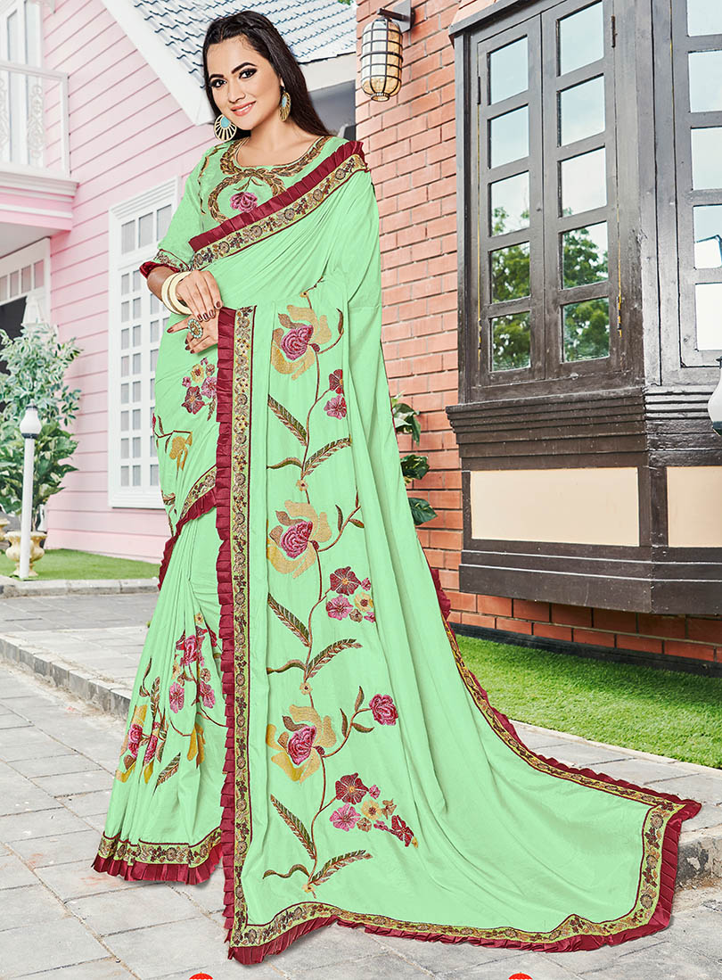 Green Silk Designer Embroidered Saree with Embellishments, Border