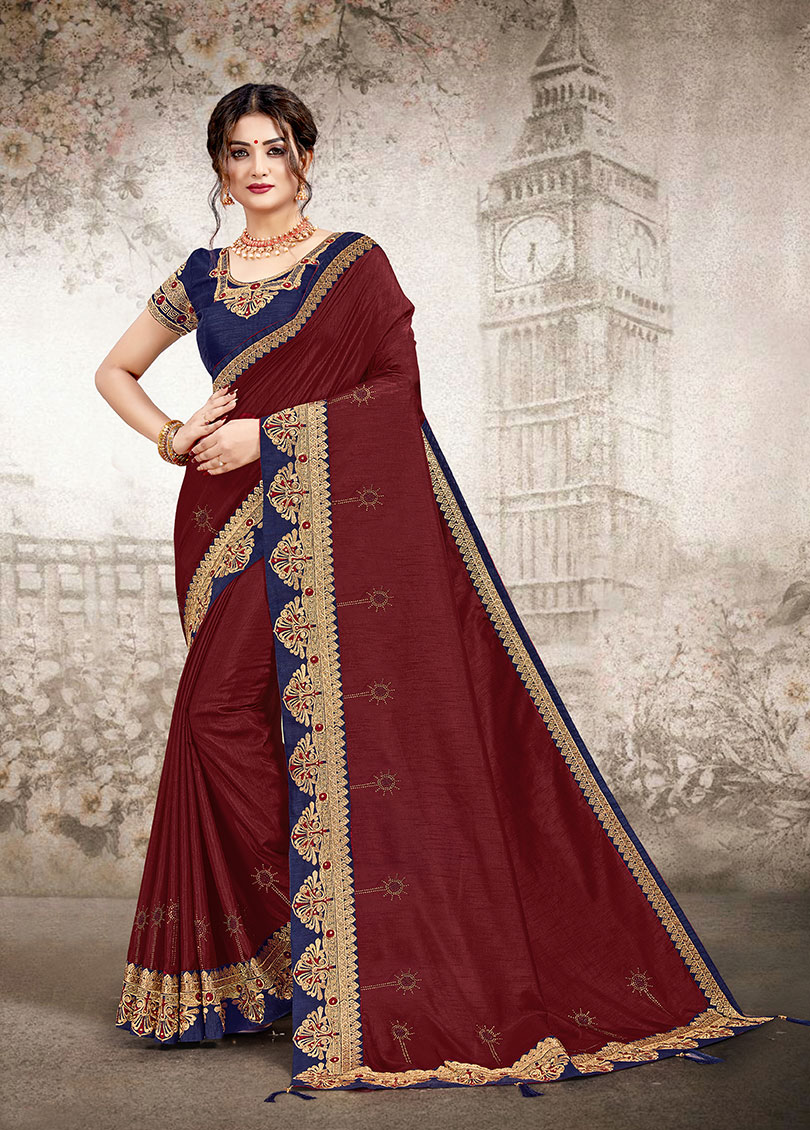 Brown Silk Fancy Bordered Saree with Embellishments
