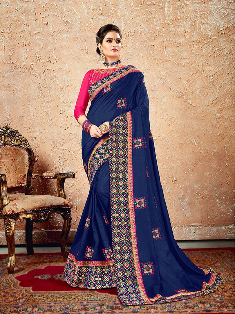 Blue Silk Designer Embroidered Saree with Embellishments, Border