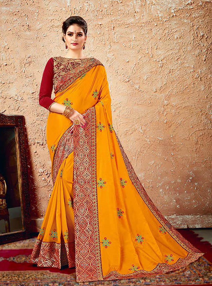Yellow Silk Designer Embroidered Saree with Embellishments, Border
