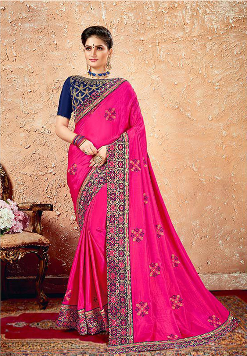Pink Silk Designer Embroidered Saree with Embellishments, Border