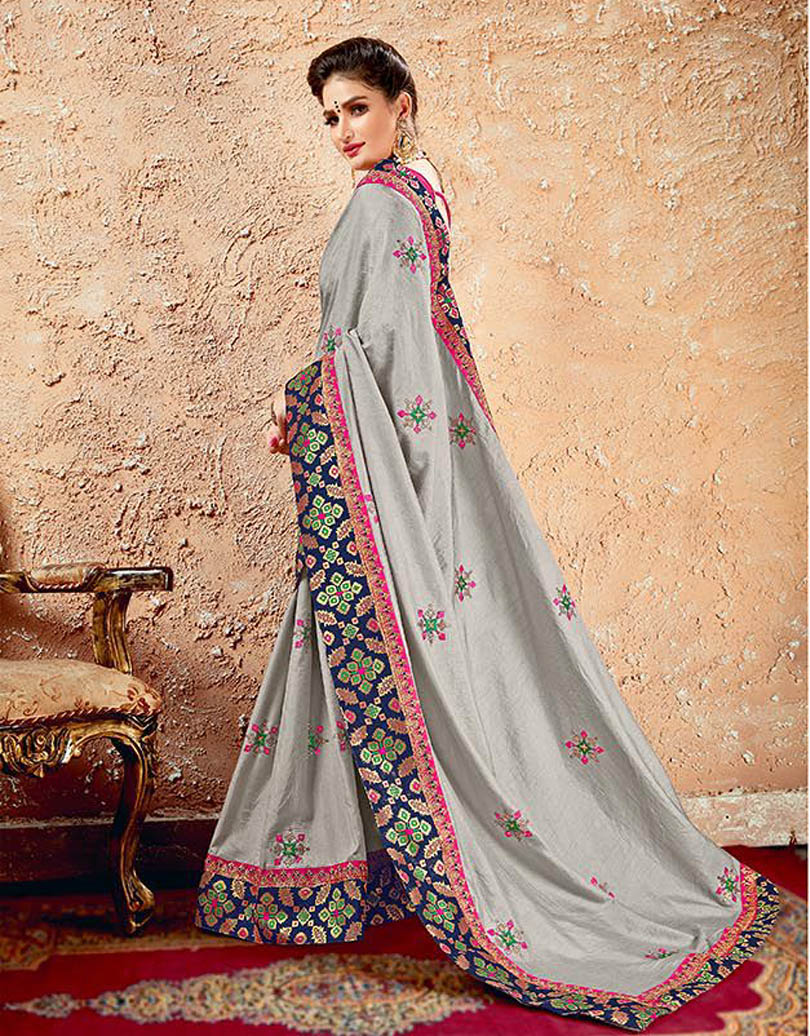 Grey Silk Designer Embroidered Saree with Embellishments, Border