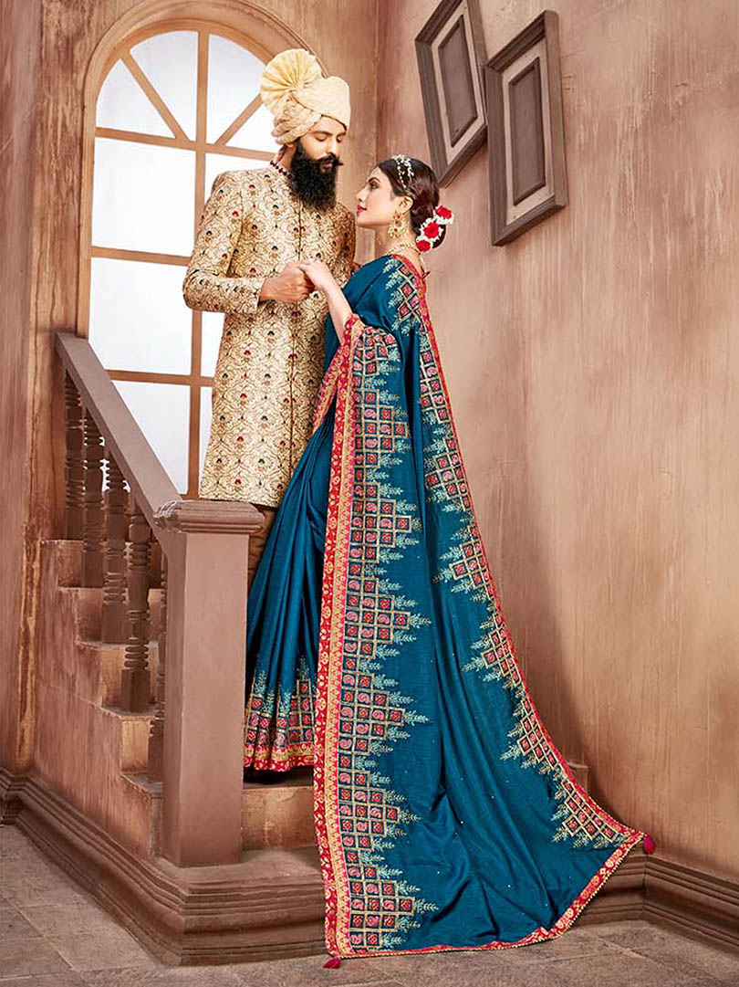 Blue Silk Designer Embroidered Saree with Embellishments, Border