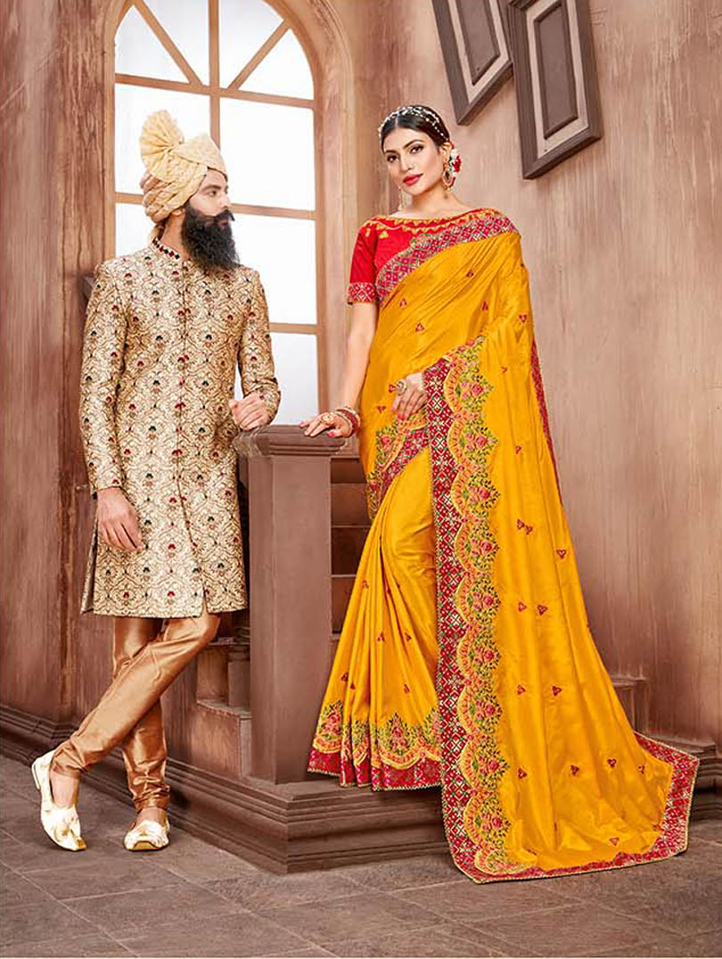 Yellow Silk Designer Embroidered Saree with Embellishments, Border