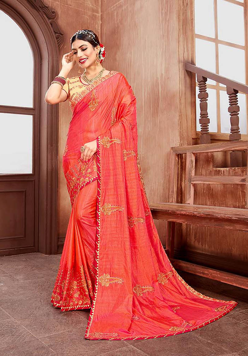 Pink Silk Designer Embroidered Saree with Embellishments, Border