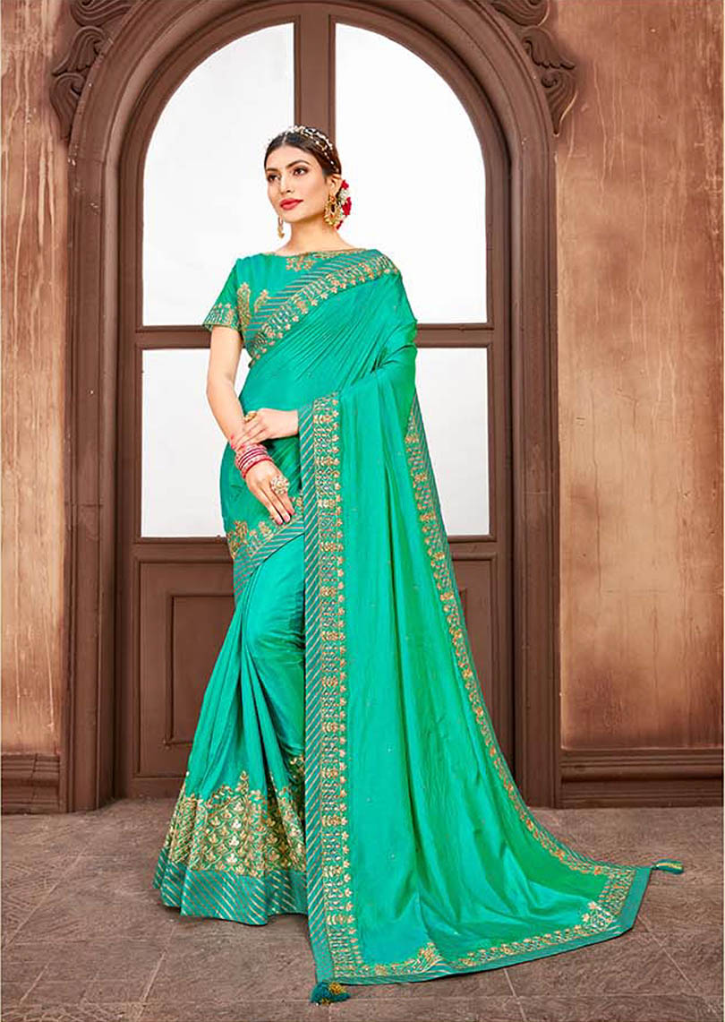Sea Green Silk Designer Embroidered Saree with Embellishments, Border