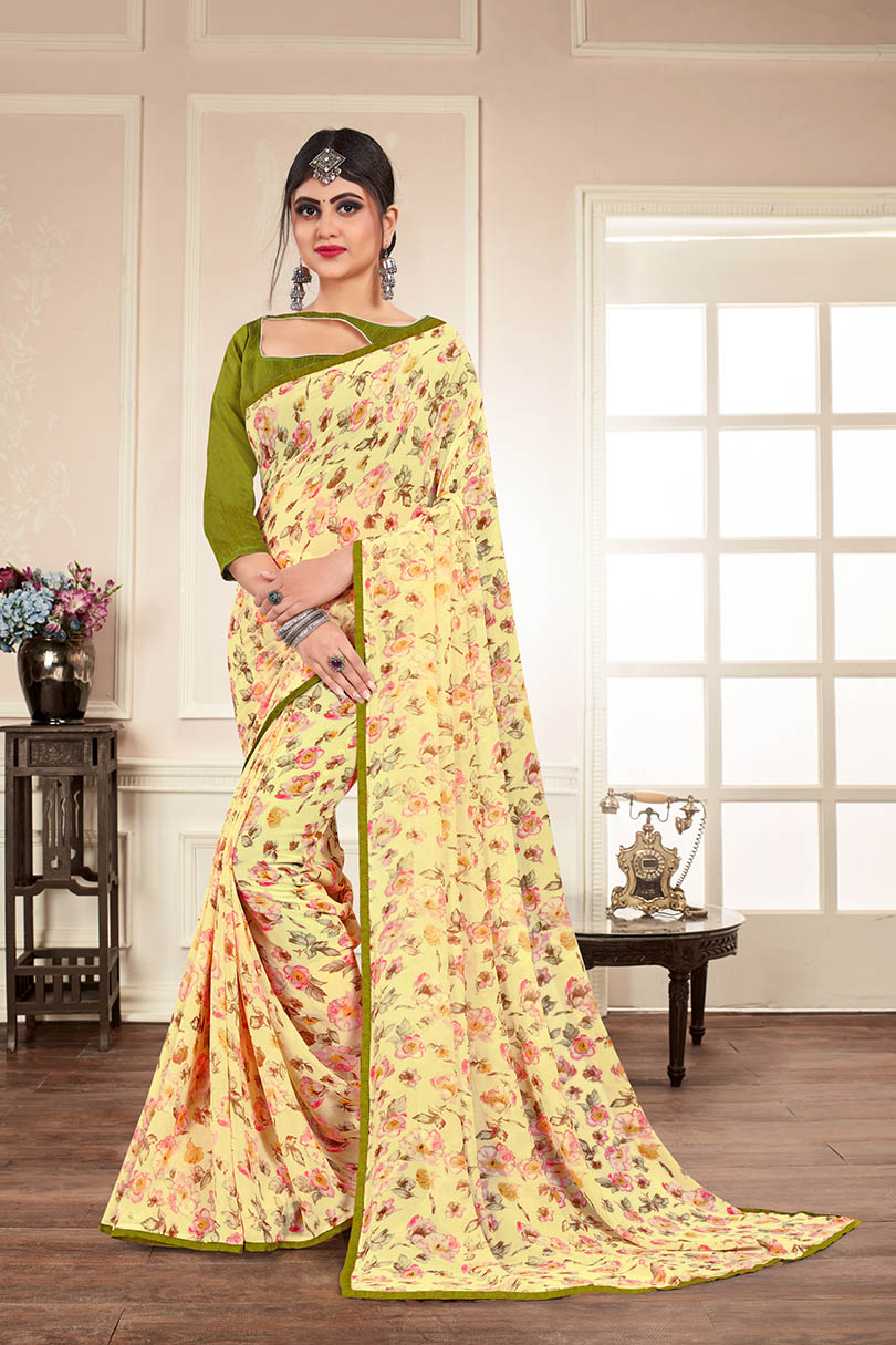 Yellow Silk Floral Printed Saree with Border 