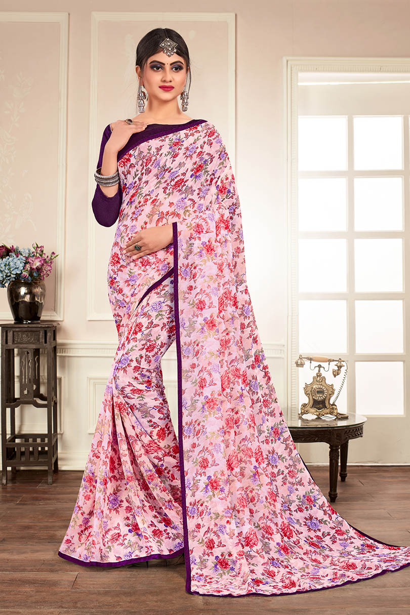 Pink Silk Floral Printed Saree with Border 