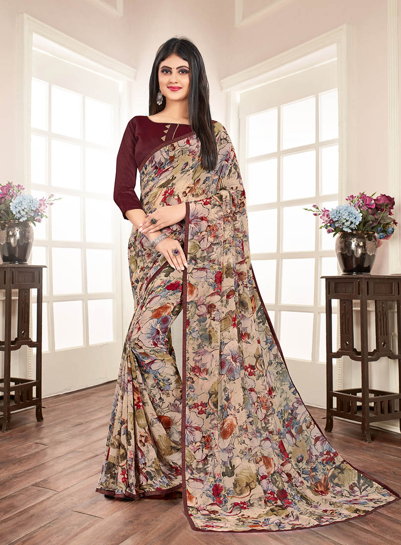 Brown Silk Floral Printed Saree with Border 