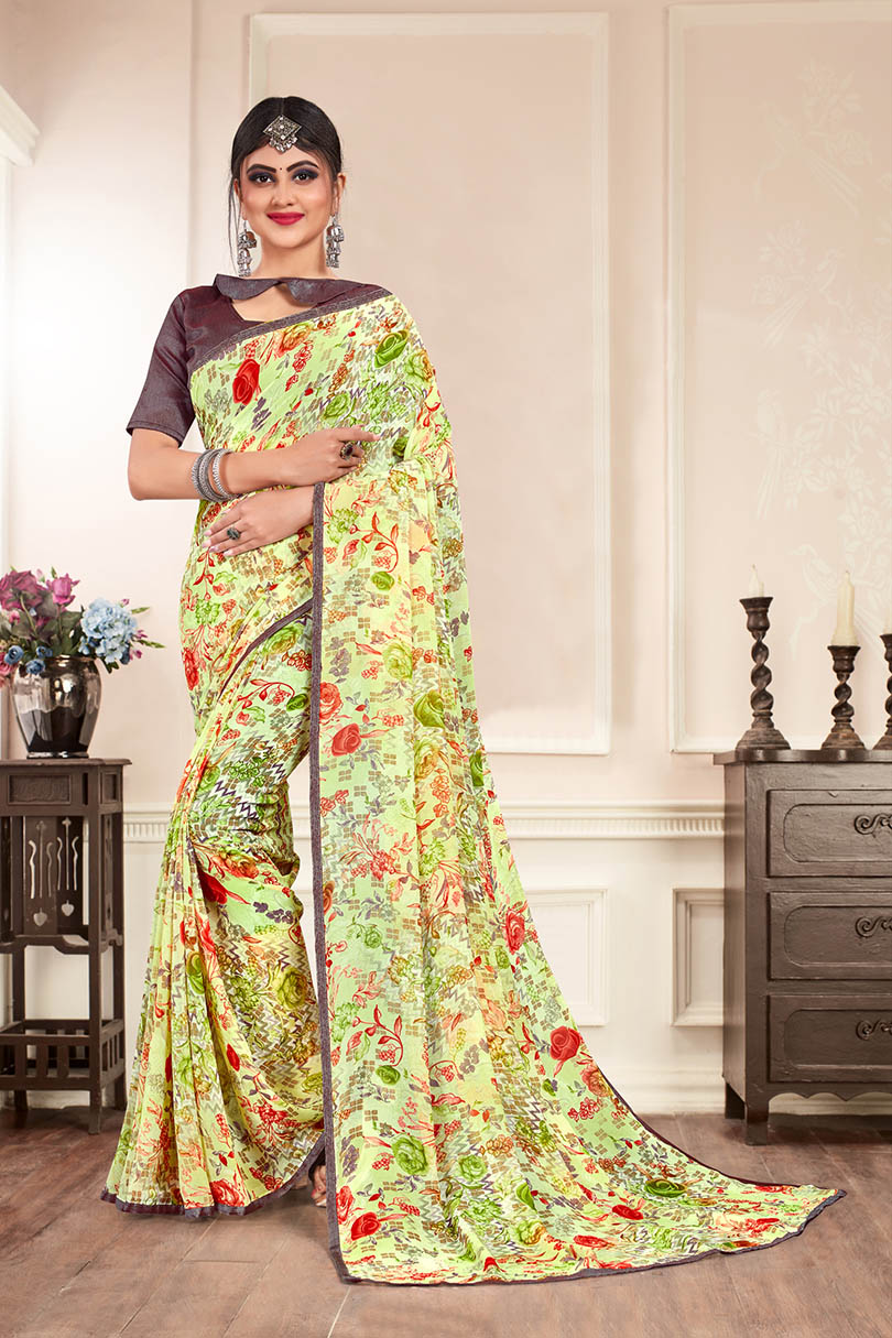 Green Silk Floral Printed Saree with Border  