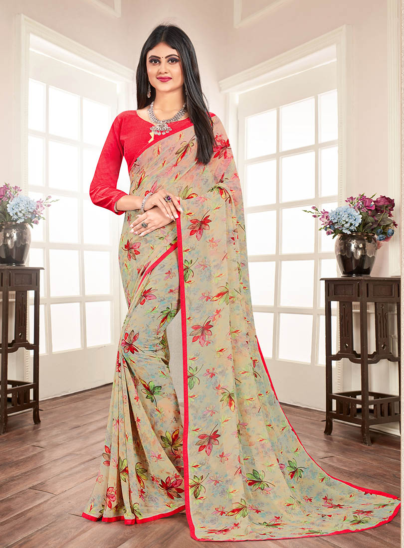 Beige Silk Floral Printed Saree with Border