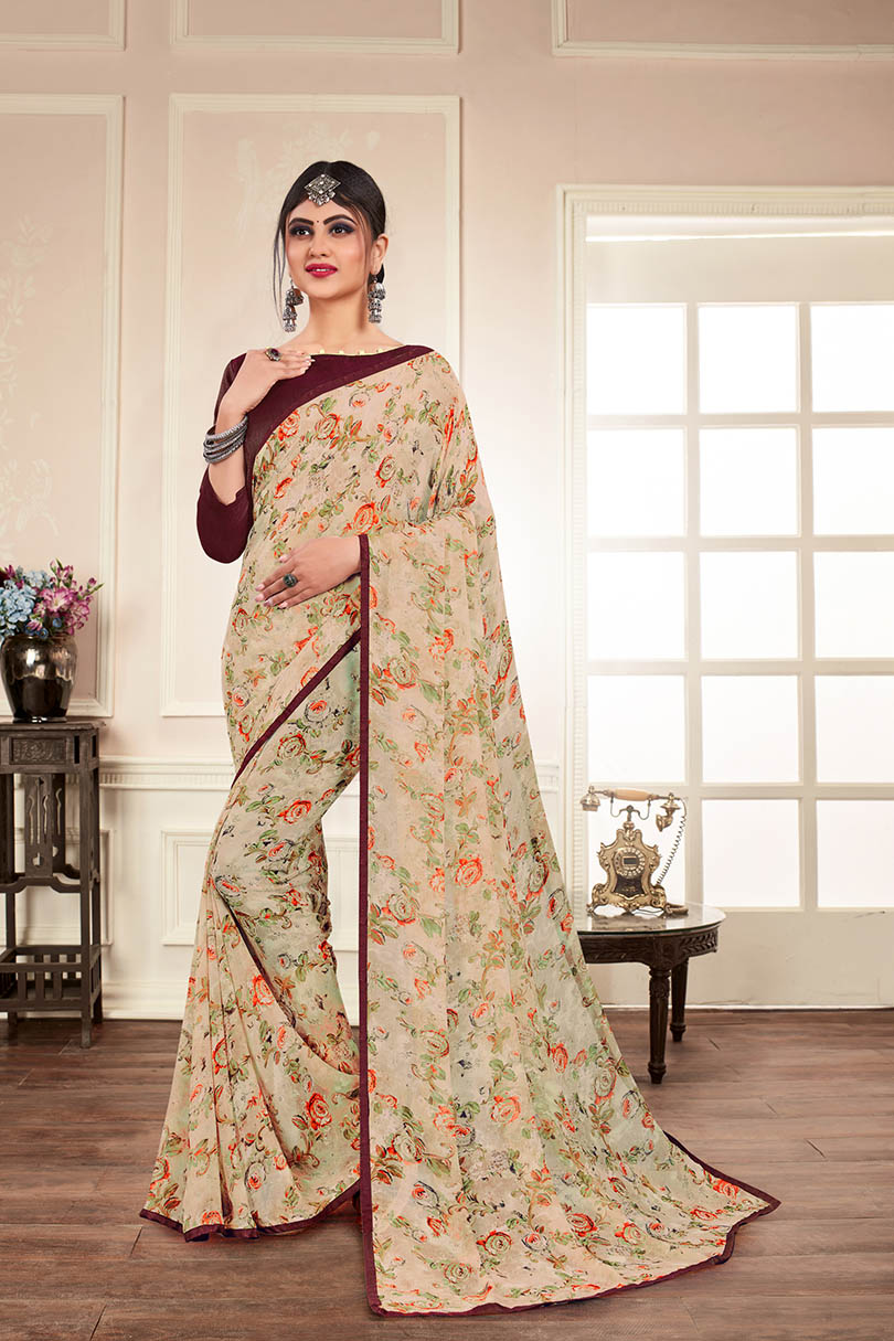 Beige Silk Floral Printed Saree with Border 