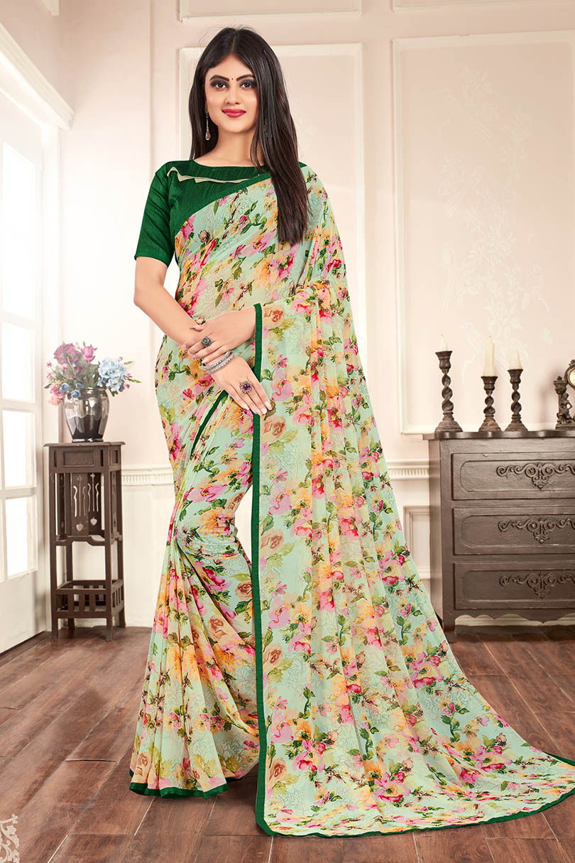 Green Silk Floral Printed Saree with Border 