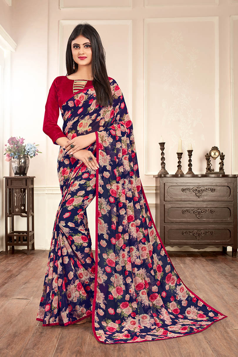 Blue Silk Floral Printed Saree with Border 