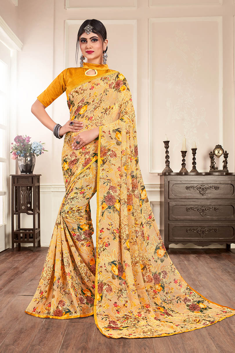 Yellow Silk Floral Printed Saree with Border