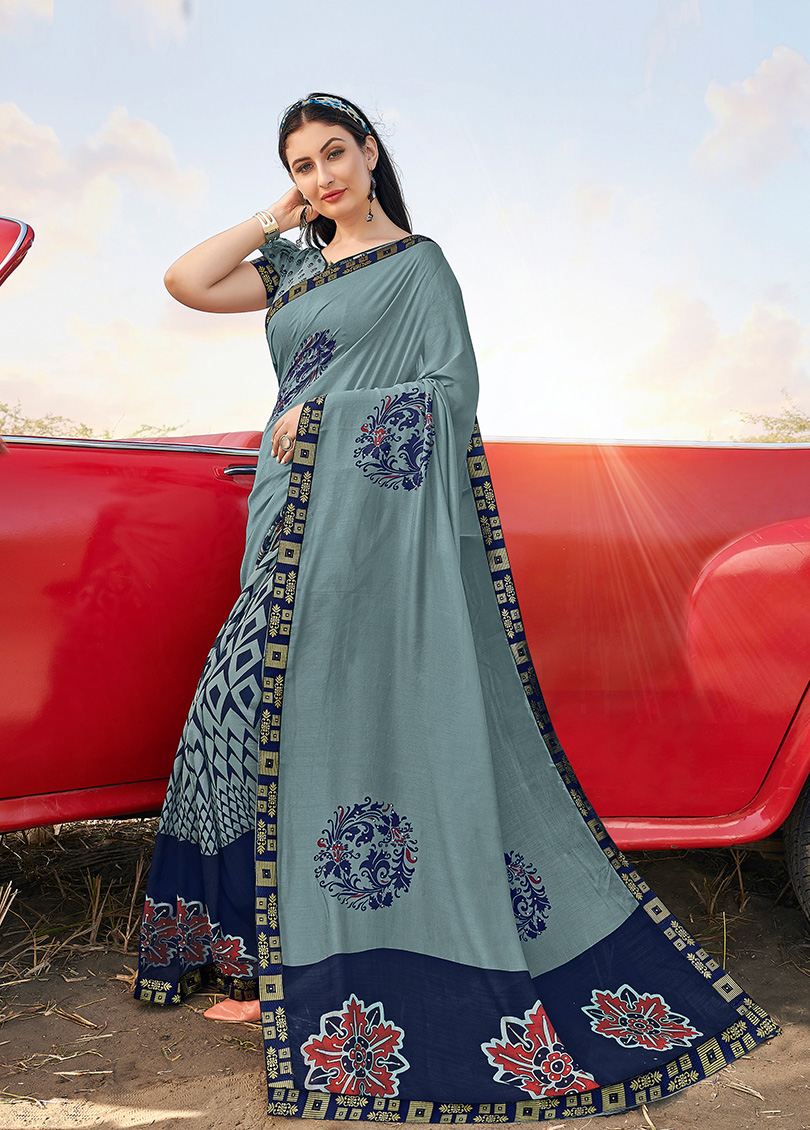 Blue Silk Printed Saree with Border, Embellishments 