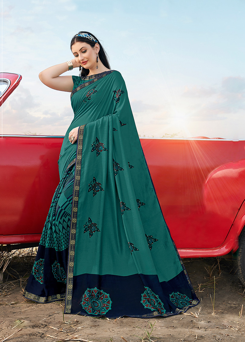 Teal Green Silk Printed Saree with Border, Embellishments 