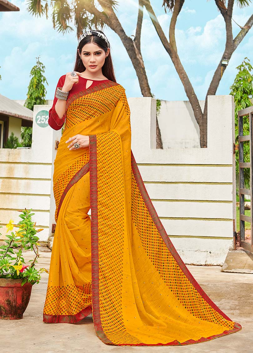 Yellow Shahi Chiffon Designer Printed Saree with Border & Embellishments