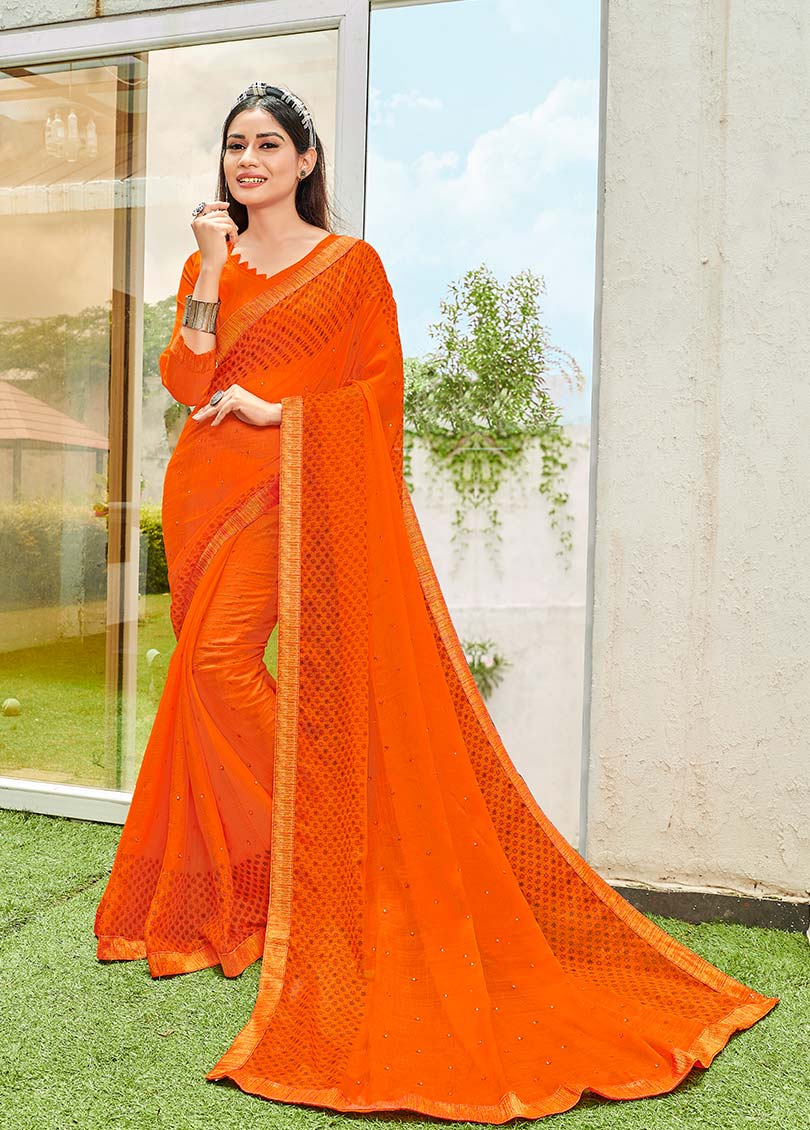 Orange Shahi Chiffon Designer Printed Saree with Border & Embellishments