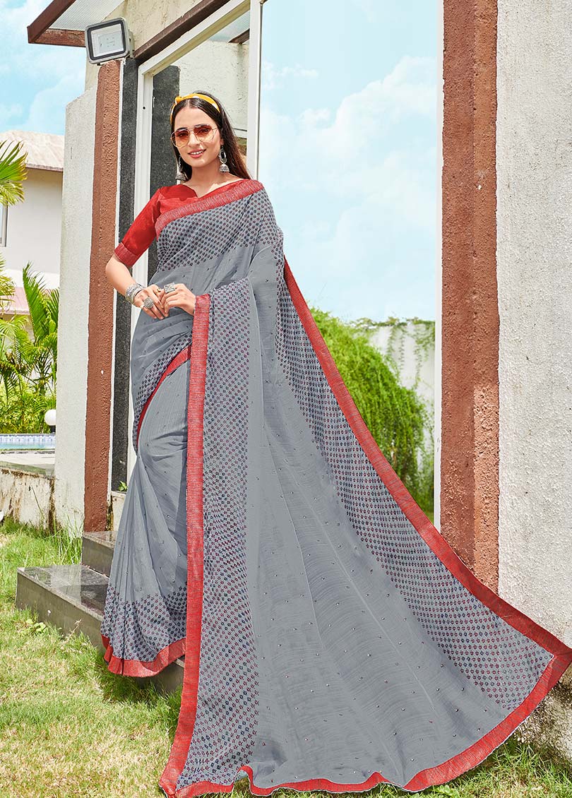 Grey Shahi Chiffon Designer Printed Saree with Border & Embellishments