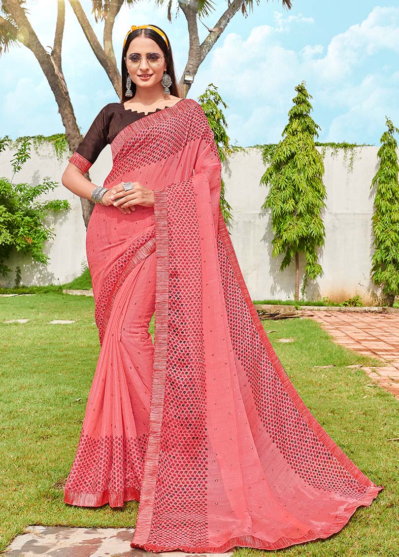 Pink Shahi Chiffon Designer Printed Saree with Border & Embellishments