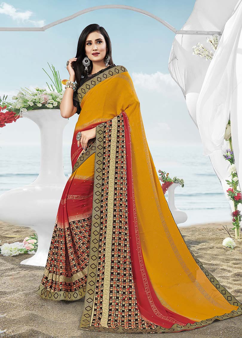 Yellow-Red Masakali Designer Printed Saree with Border & Embellishments