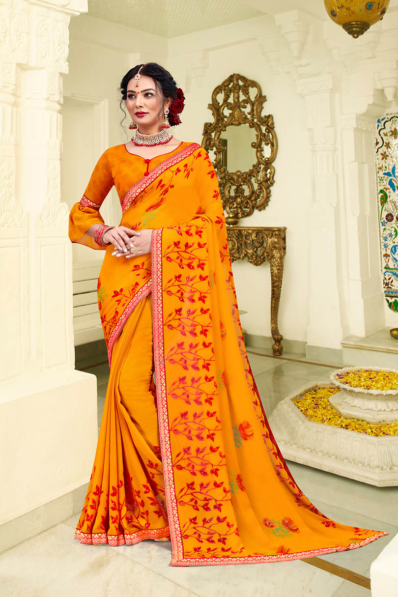 Saffron Georgette Printed Saree with Border, Embellishments 
