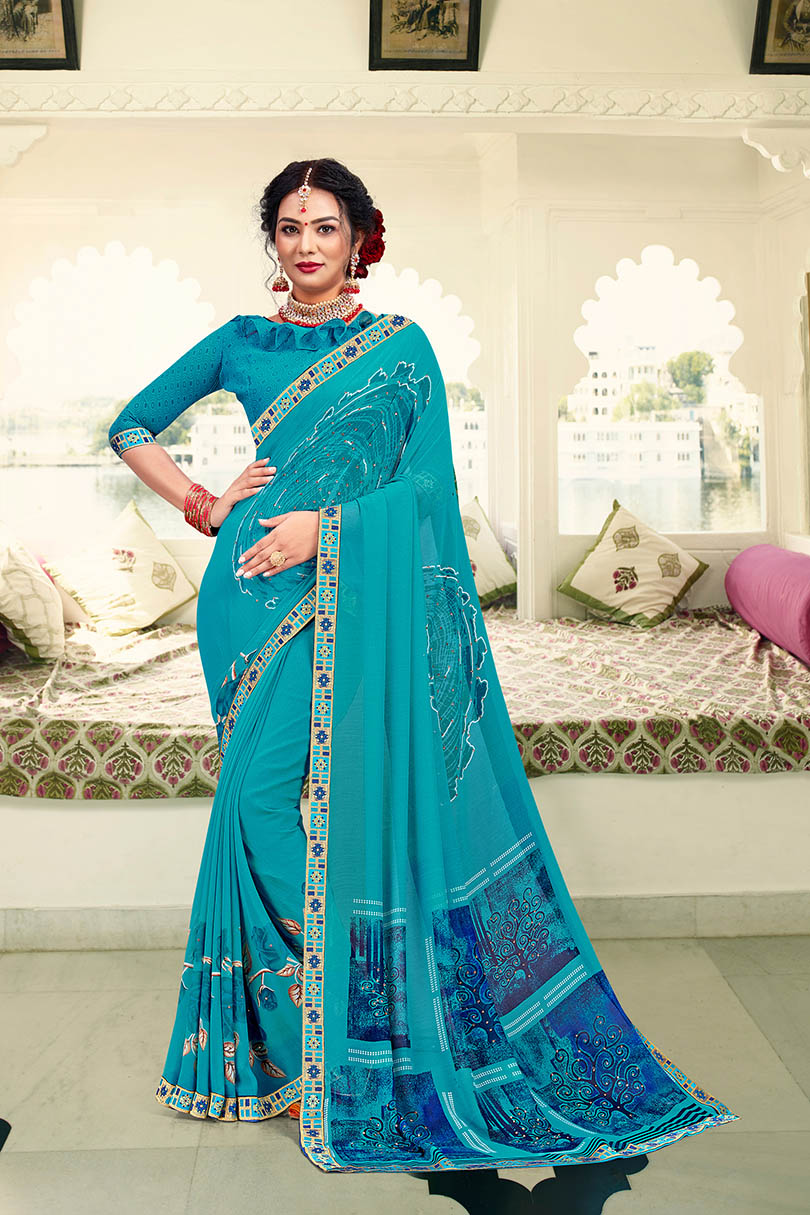 Sea Blue Georgette Printed Saree with Border, Embellishments 