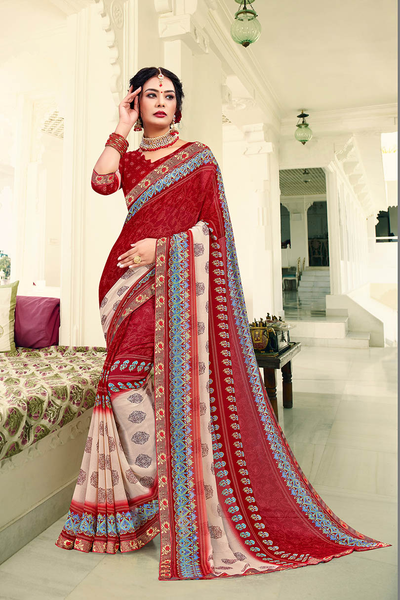 Red Georgette Printed Saree with Border, Embellishments 